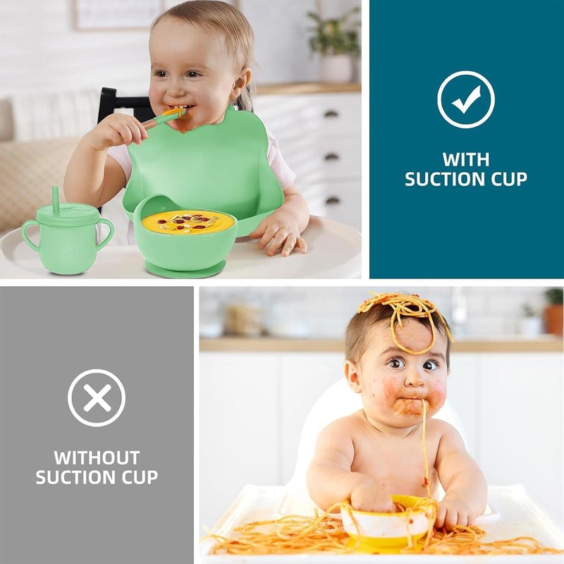 Dormlony 100% Silicone Baby Feeding Set,BPA Free Baby Dishes Set with Suction Bowl Divided Plate,Toddler Self Feeding Dish Set with Spoons Forks Sippy Cup and Bib, Baby Eating Utensils (Neon Green) - Image 5